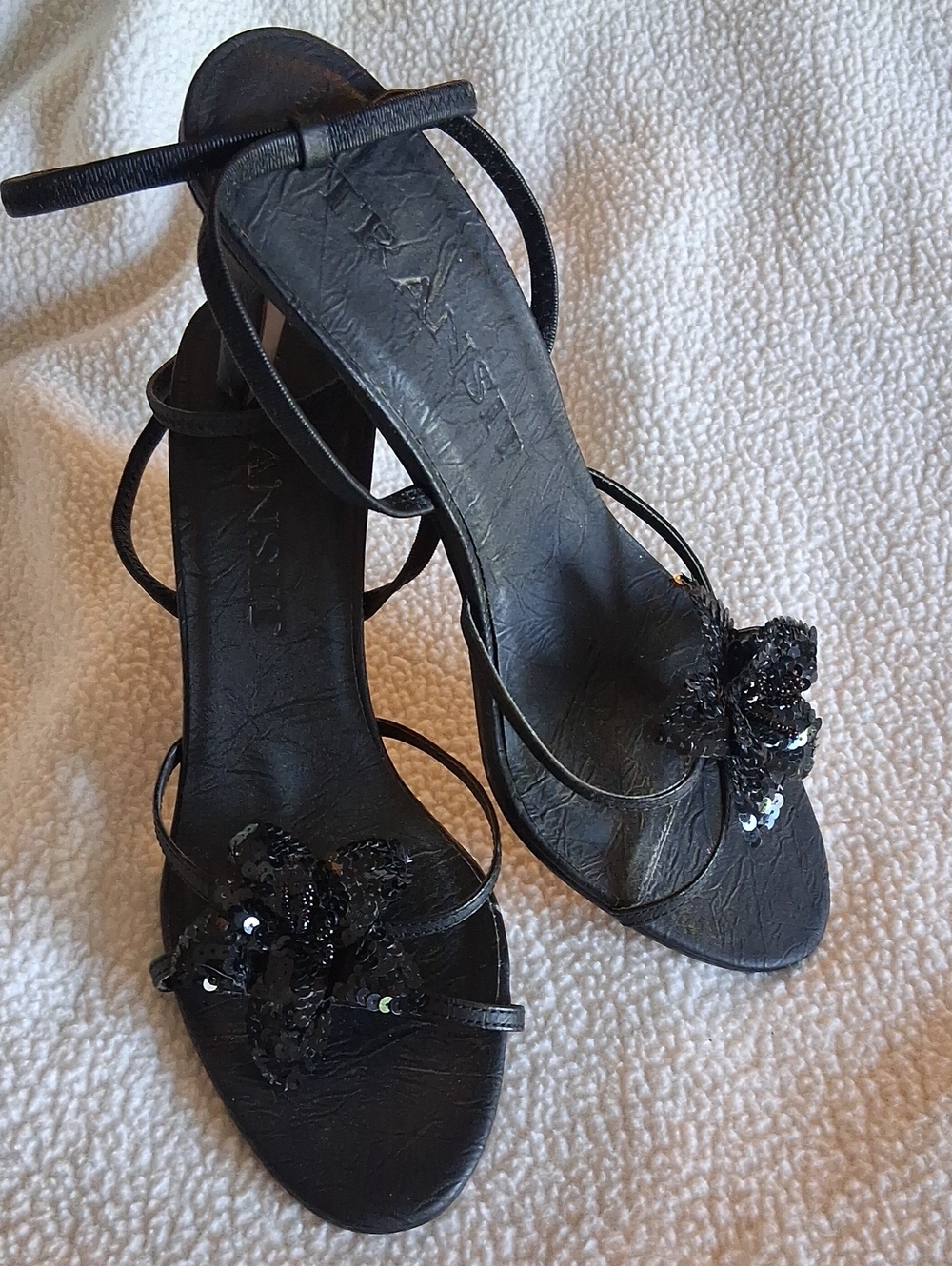 New York Transit Black Sequin Floral Strappy Heels